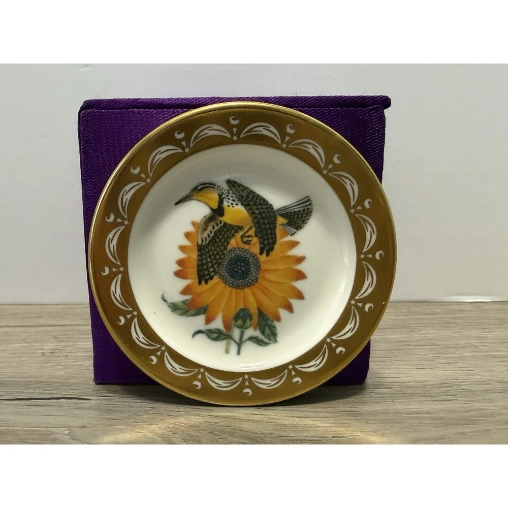 State Birds Flowers Franklin MINI Plate Kansas Western Meadowlark Sunflower 3" - Picture 1 of 2